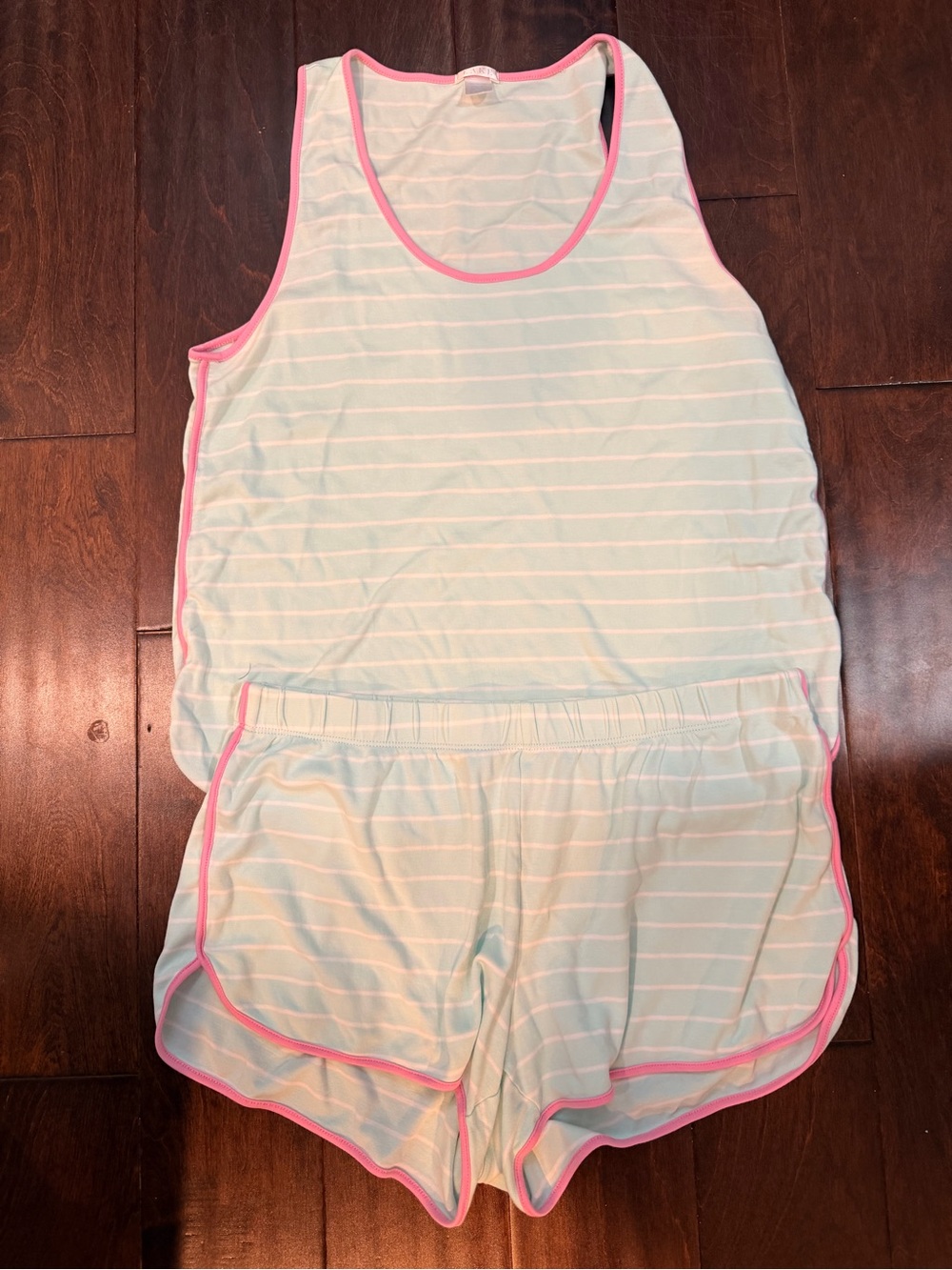 LAKE Light Mint Stripe Tank & Short Pajama Set with Pink Trim Pima Cotton Size M